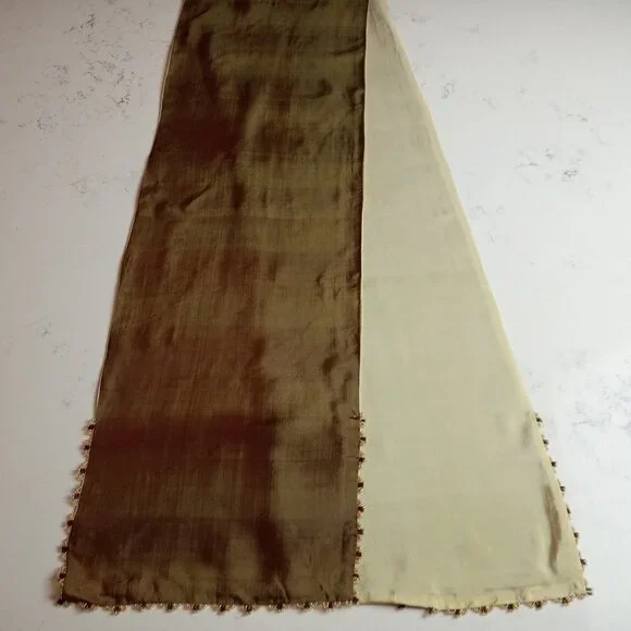 Double-Sided Brown/Beige Beaded Silk Oblong Scarf